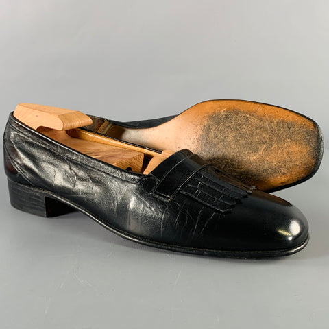 HERMES Size 7.5 D  Black Leather Eyelash Loafers