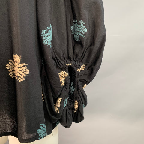 VANESSA BRUNO Size XS Black Multi Color Cotton Blend Embroidered V-Neck Tunic Blouse