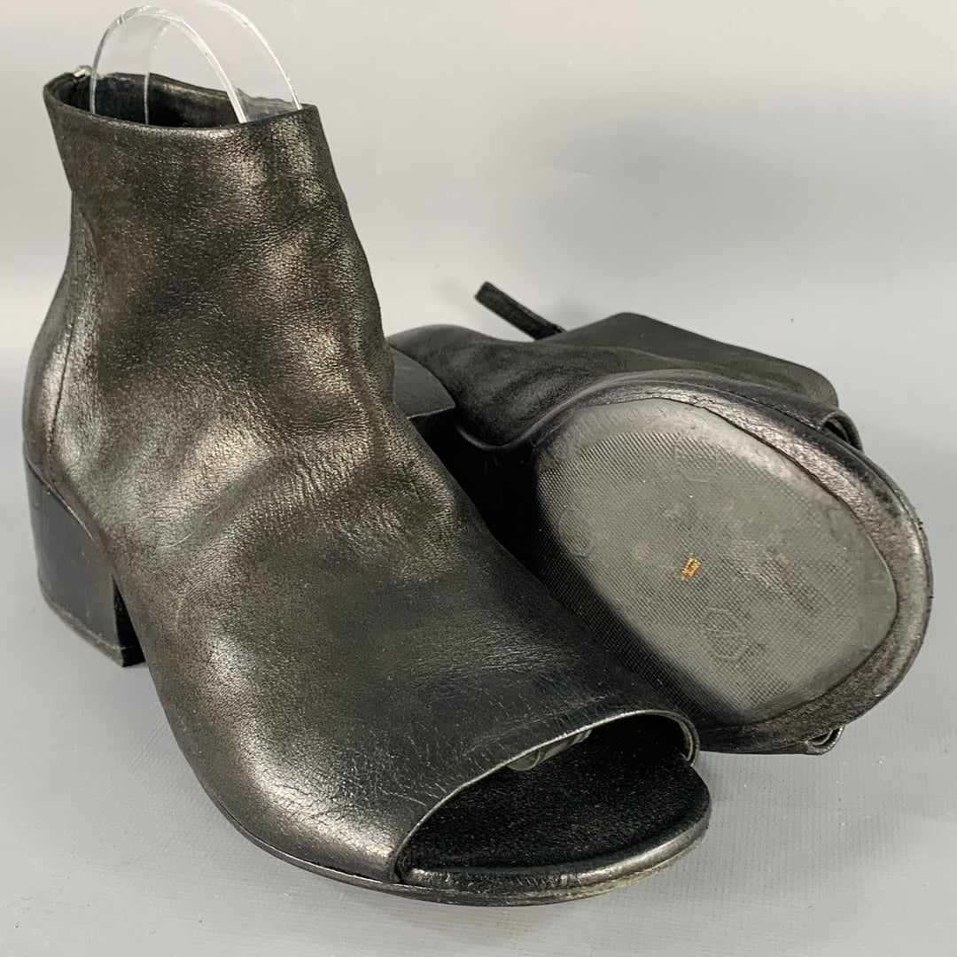 MARSELL Size 7.5 Black Leather Peep Toe Stacked Heel Ankle Boots