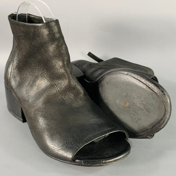 MARSELL Size 7.5 Black Leather Peep Toe Stacked Heel Ankle Boots