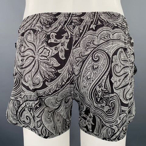 CHARLIE Size S Black Grey Paisley Polyester Blend Drawstring Swim Trunks