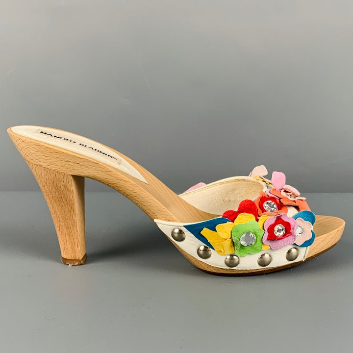 MANOLO BLAHNIK Size 8 Multi Color Suede Floral Applique Clog Sandals