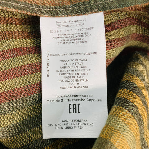 ETRO Size XL Burgundy Green Stripe Linen Oversized Long Sleeve Shirt