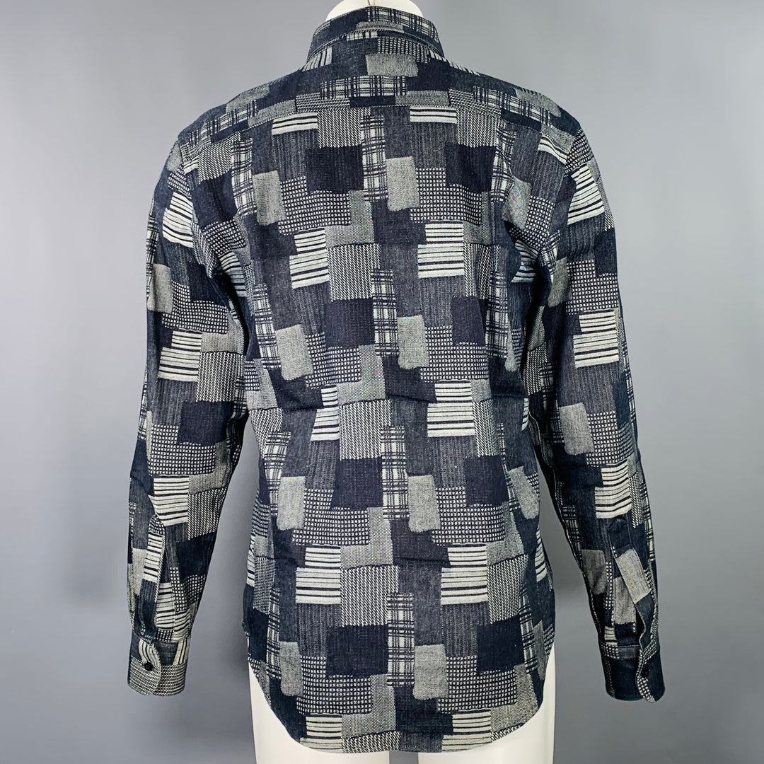 BARNEY'S NEW YORK Size M Black Grey Patchwork Cotton Long Sleeve Shirt