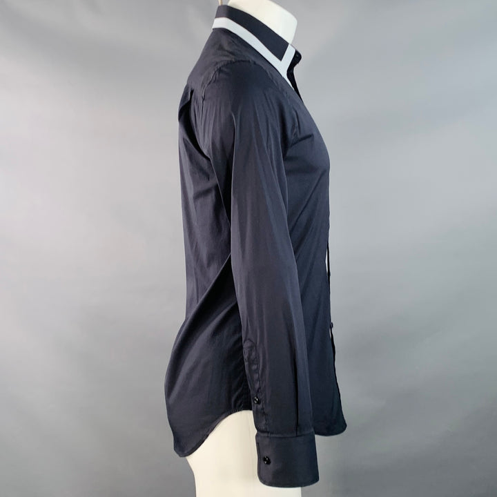 EMPORIO ARMANI Size S Navy Light Blue Cotton Blend Contrast Trim  Long Sleeve Shirt