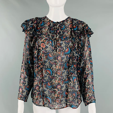 VERONICA BEARD Talla 8 Blusa con volantes y estampado de seda multicolor negro