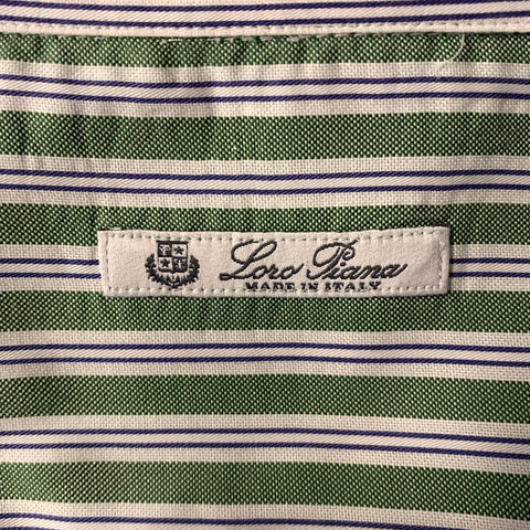LORO PIANA Size XL White Green Blue Stripe Cotton Long Sleeve Shirt