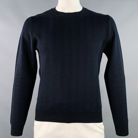 SANDRO Size L Navy Black Stripe Merino Wool Crew Neck Pullover