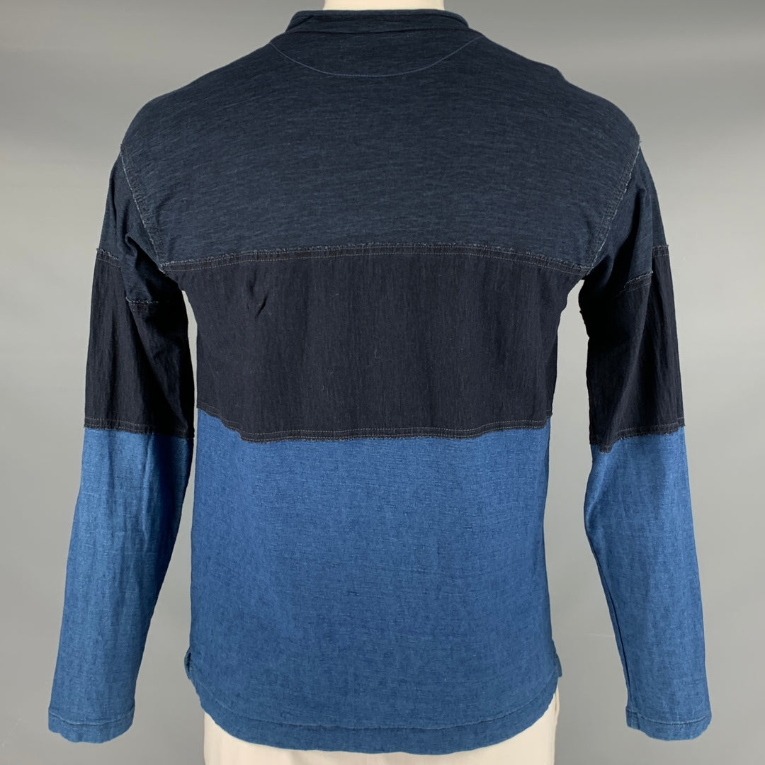 45rpm Size L Natural Dyed Blue Indigo Color Block Cotton Long Sleeve Pullover