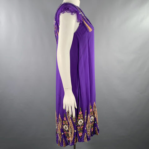 MATTHEW WILLIAMSON Size 10 Purple Gold Silk Embroidered Sleeveless Dress