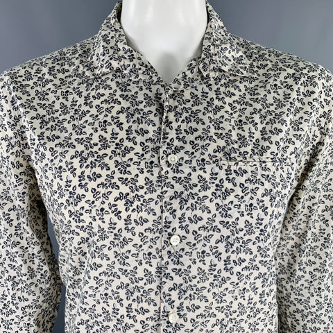 JOHN VARVATOS Size L Off White Navy Leaves Cotton One Pocket Long Sleeve Shirt