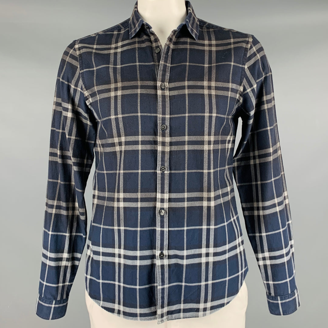 BURBERRY Size L Navy Grey Plaid Cotton Button Up Long Sleeve Shirt