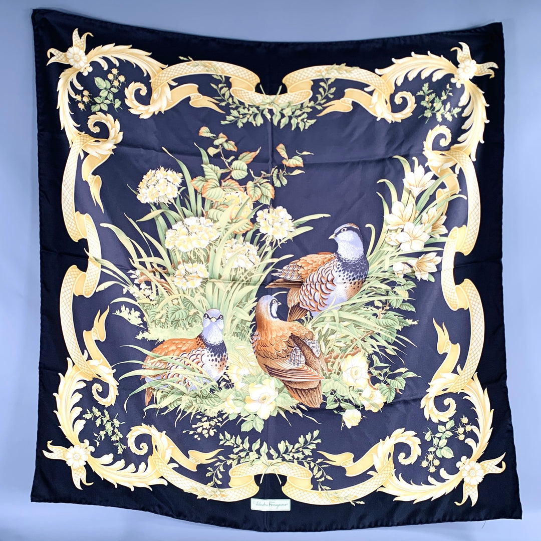 SALVATORE FERRAGAMO Black Yellow Green Birds Silk Scarf