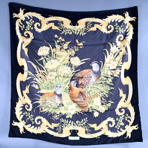 SALVATORE FERRAGAMO Black Yellow Green Birds Silk Scarf