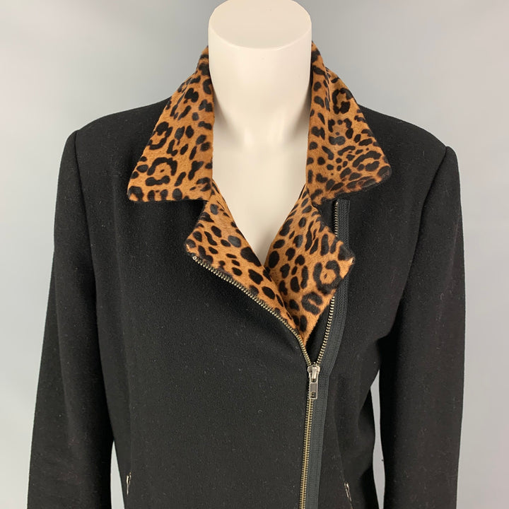 MASON Size 8 Black Tan Wool Blend Leopard Zip Up Coat