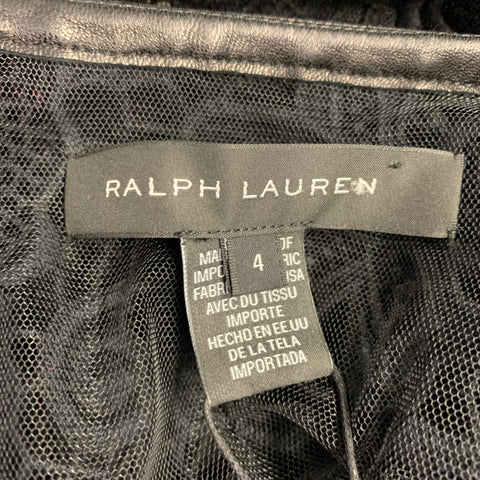 RALPH LAUREN Size 4 Black Cotton Lace Leather Trim Open Front Coat