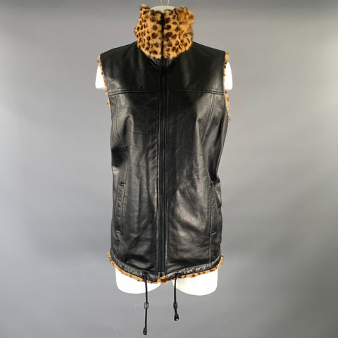 VINTAGE Size M Tan Brown & Black Animal Print Leather Reversible Vest
