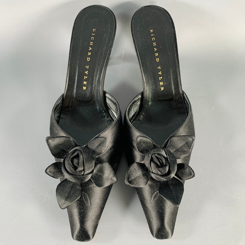 RICHARD TYLER Size 9.5 Black Satin Floral Kitten Heel Mule Sandals