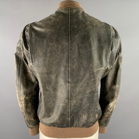 MARC JACOBS Size XXL Black Tan Distressed Leather Bomber Coat