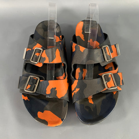 GIVENCHY Size 11 Black Green & Orange Camouflage Leather Slide Sandals