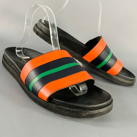 RALPH LAUREN Size 8 Black Orange Green Stripe Leather Slide Sandals