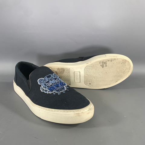 KENZO Size 11 Navy Light Blue Embroidery Canvas Slip On Sneakers