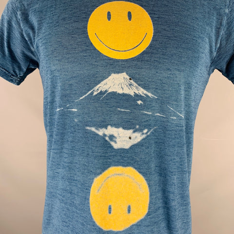 KAPITAL Size S -Fuji Smile- Blue Yellow Cartoon Cotton Jersey T-shirt