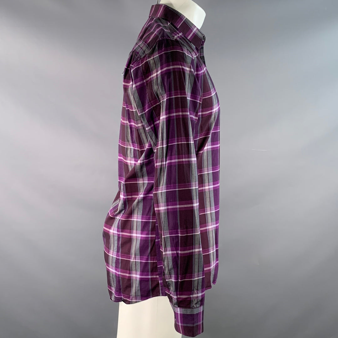 HUGO BOSS Size M Purple Grey Plaid Cotton Long Sleeve Shirt