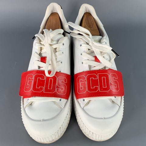 GCDS Size 9 White Red Black Leather Logo Low Top Platform Sneakers