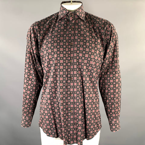 ETRO Size XL Black Brown Geometric Pointed Collar Long Sleeve Shirt