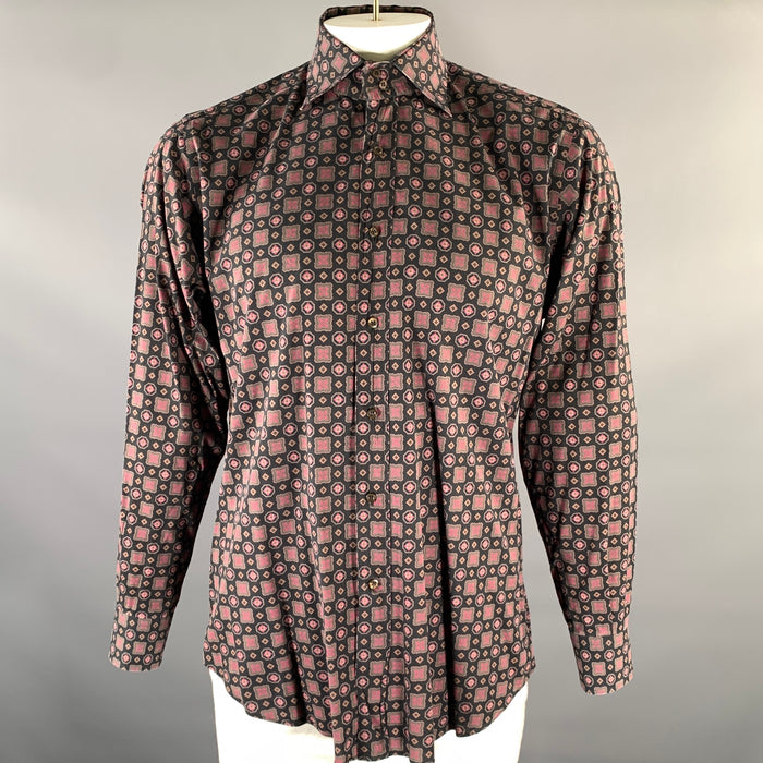 ETRO Size XL Black Brown Geometric Pointed Collar Long Sleeve Shirt