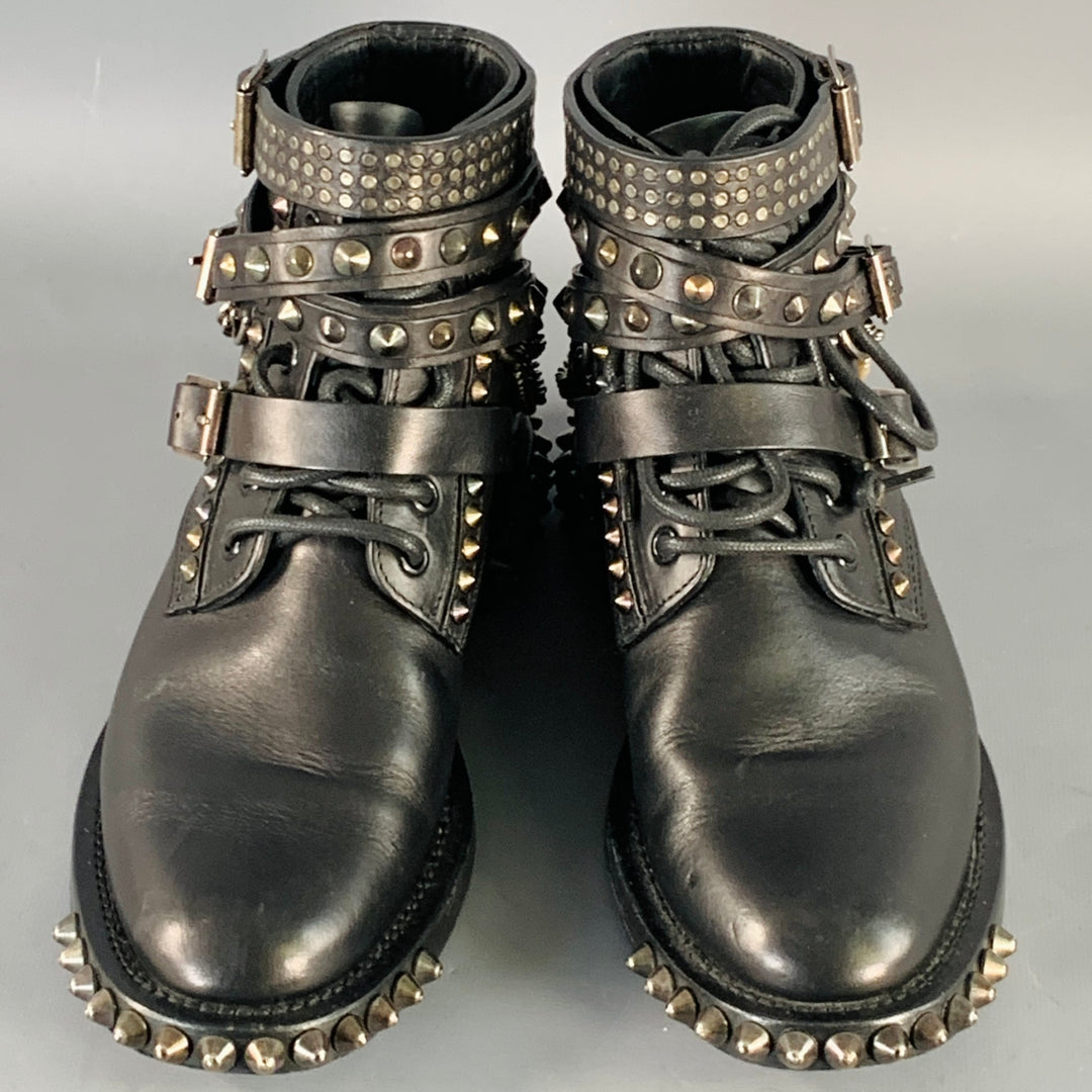 SAINT LAURENT Size 6.5 Black Studded Leather Lace-Up Belted Boots