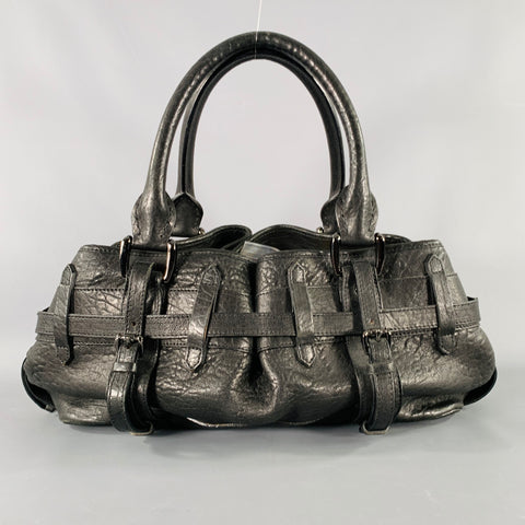 BURBERRY Black Gunmetal Leather Top Handles Handbag