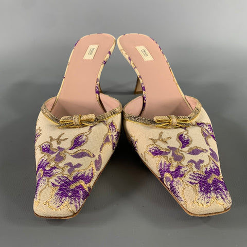PRADA Size 9 Champagne Purple Jacquard Floral Mules Pumps
