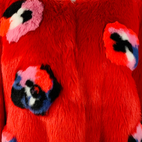 HEURUEH Size S Red Blue White Acrylic Blend Abstract Faux Fur Cropped Jacket