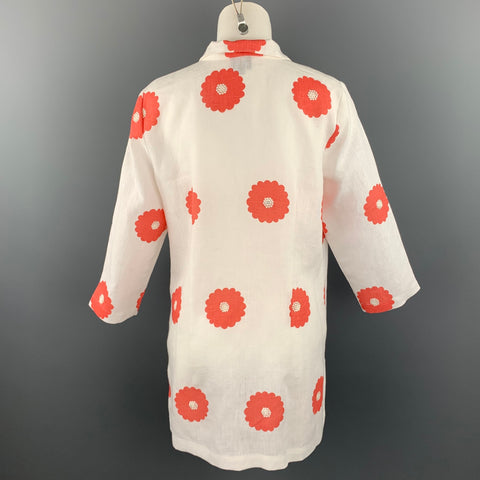 CONNIE ROBERSON Size S White Floral Linen Buttoned Jacket