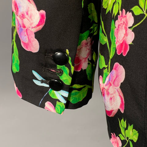 CYNTHIA ROWLEY Size M Black Multi Color Silk Twill Floral Notch Lapel Jacket Blazer