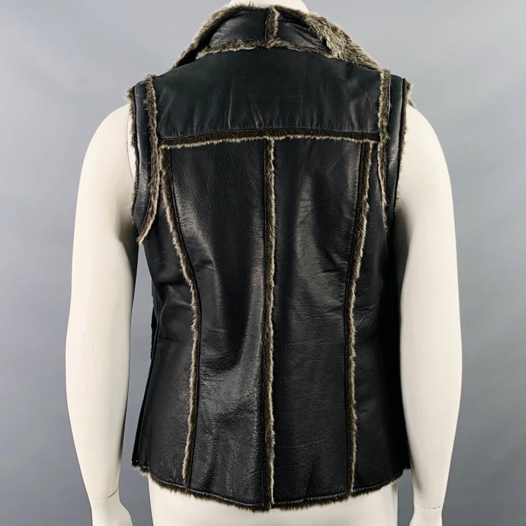 TRIBES Size L Black Grey Leather Faux Fur Open Front Vest