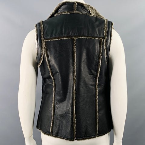 TRIBES Size L Black Grey Leather Faux Fur Open Front Vest