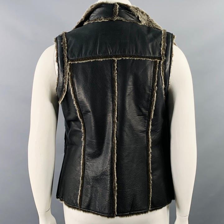 TRIBES Size L Black Grey Leather Faux Fur Open Front Vest