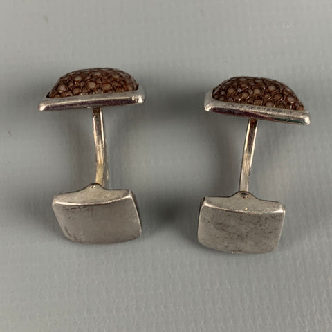 HOBBS & KENT Silver Brown Textured Sterling Silver Cuff Links