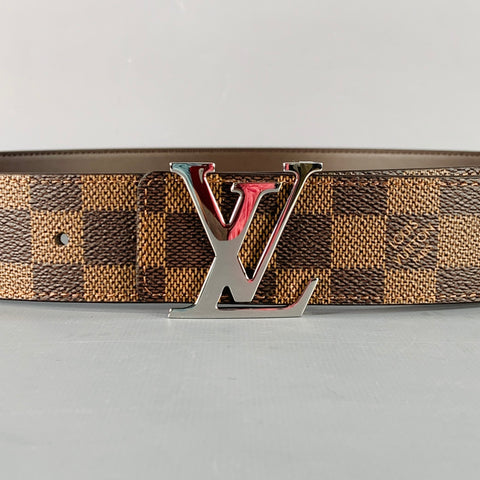 LOUIS VUITTON  Size 38 LV Initiales Brown Beige Checkered Coated Canvas Belt
