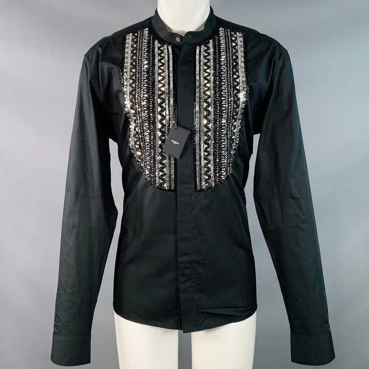 BALMAIN Size XS Black Silver Beaded Bib Nehru Collar Long Sleeve Shirt