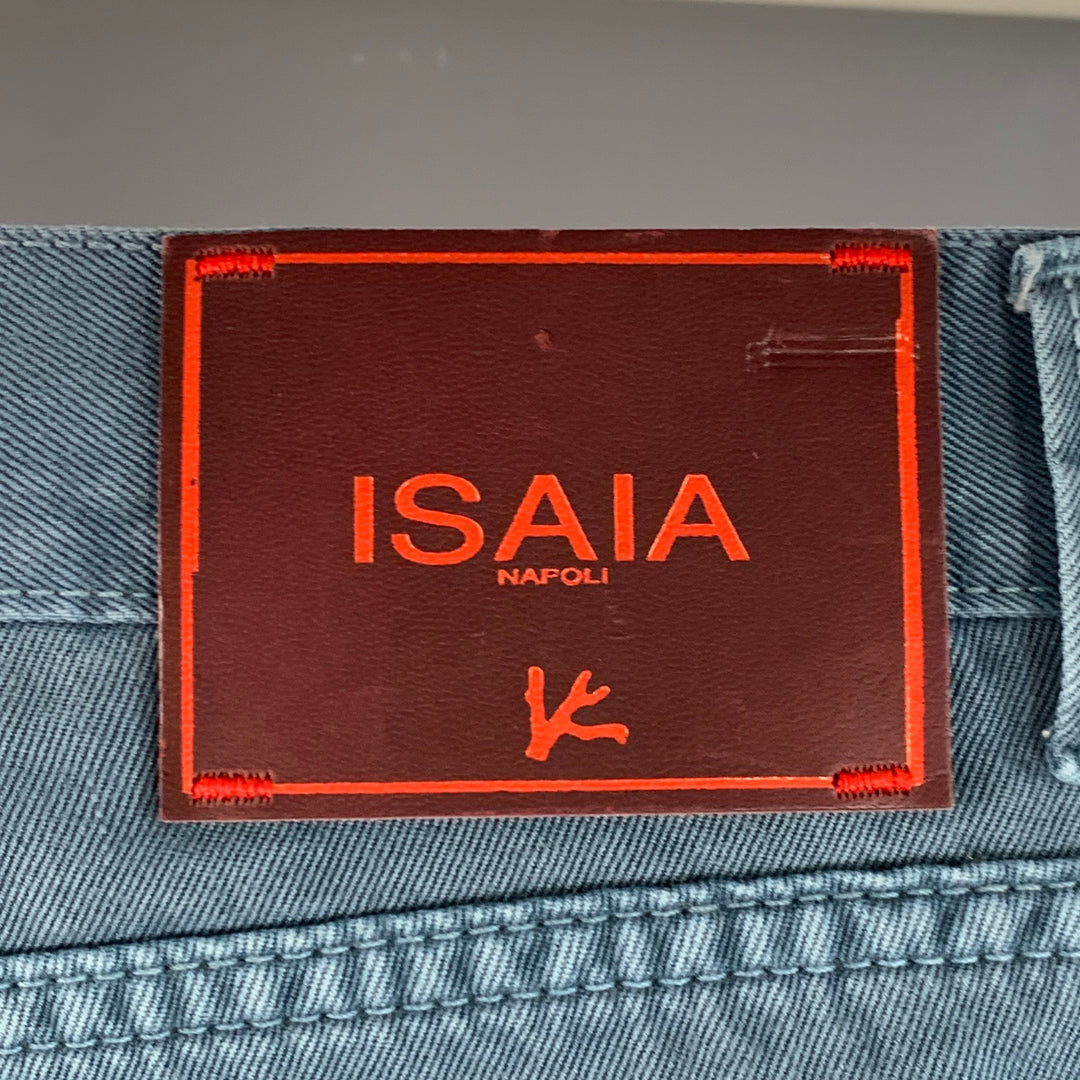 ISAIA Size 34 Blue Cotton Selvedge Twill Straight Button Fly Casual Pants