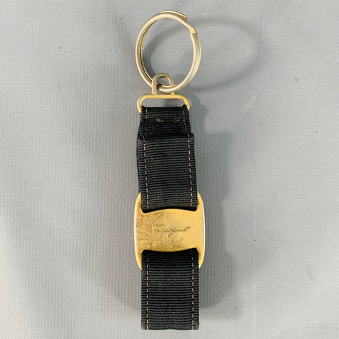 SALVATORE FERRAGAMO Black Gold Nylon Metal Logo Strap Keychain