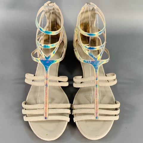 CHANEL Size 9.5 Grey Iridescent Suede Cage Sandals
