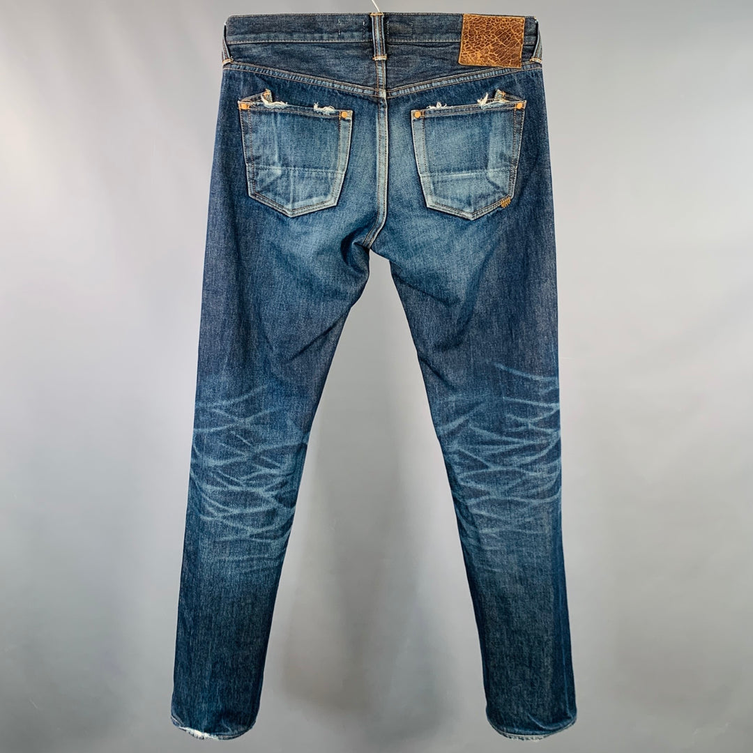 PRPS NOIR Size 33 Indigo Washed Selvedge Denim Straight Distressed Jeans