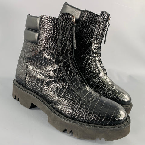 AQUATALIA Size 11 Black Leather Croc Embossed Zip Up Boots