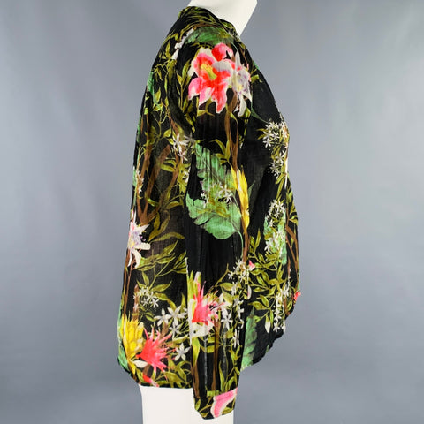 ISABEL MARANT Size 2 Black Multi Color Cotton Floral Long Placket Casual Top
