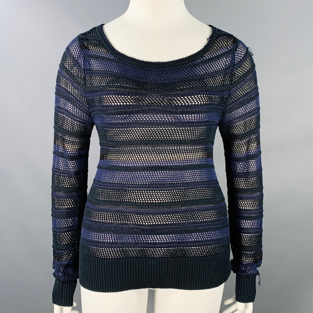 RAG & BONE Size L Navy Black Cotton Blend Textured Stripe Open Knit Pullover
